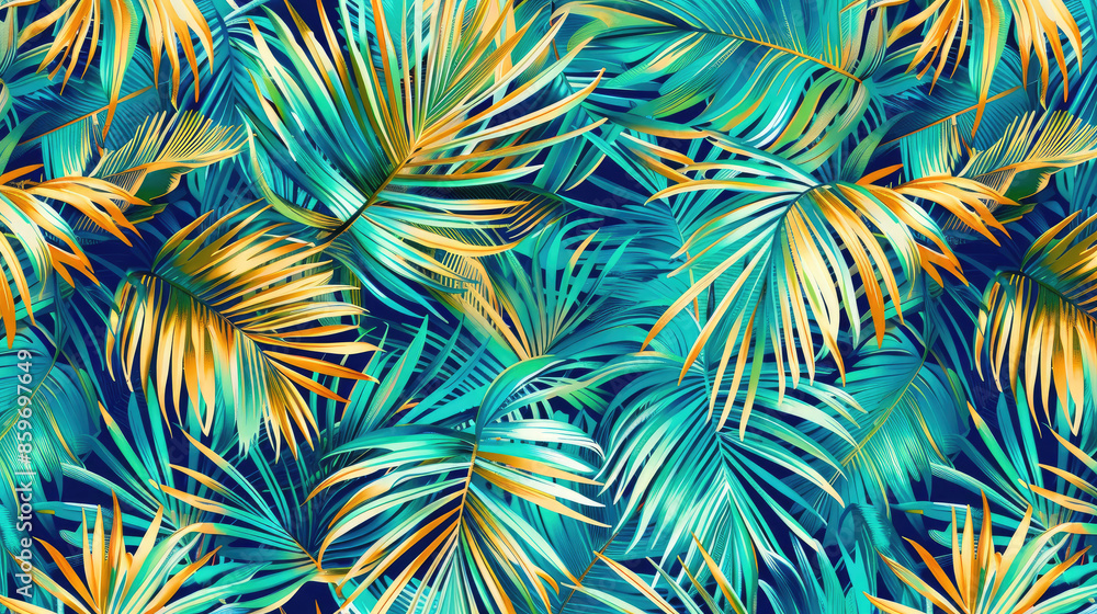 Colorful palm leaves are layered in shades of blue, green, and orange against a dark background, creating a vibrant and lush pattern. Colorful palm leaves are layered in shades of blue, green, and orange against a dark background, creating a vibrant and lush pattern.