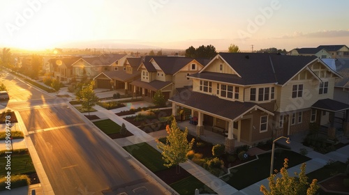 Bird's eye view of a tranquil suburban setting at dawn, a Craftsman style house in sandy beige stands out among empty, quiet streets under the soft morning light.