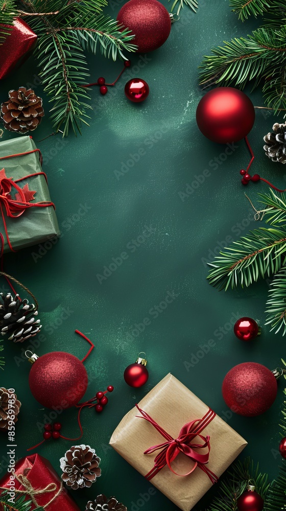 Christmas flatlay composition with Christmas balls, presents, fir tree branches, decoration on green background. Flat lay, top view, overhead. Xmas or New year concept. Christmas flatlay composition with Christmas balls, presents, fir tree branches, decoration on green background. Flat lay, top view, overhead. Xmas or New year concept.