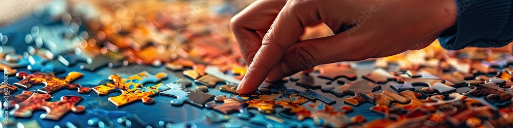 hand puts together puzzles close-up. Selective focus hand puts together puzzles close-up. Selective focus