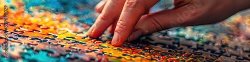hand puts together puzzles close-up. Selective focus photo