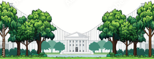 Illustration of the White House with trees and bridge structures on either side, ideal for political and historical-themed designs with a formal touch