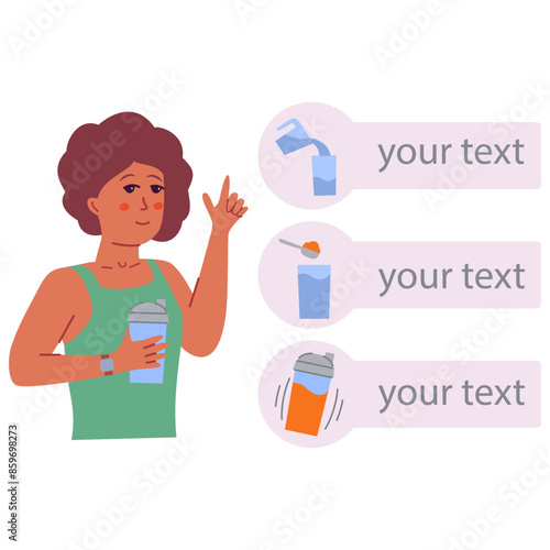 Sports nutrition.Bodybuilding sports nutrition. Energy drinks.Instruction for making protein whey shake.A hand shaking.Sport shaker. How to make protein. Active fit young woman. African American girl 