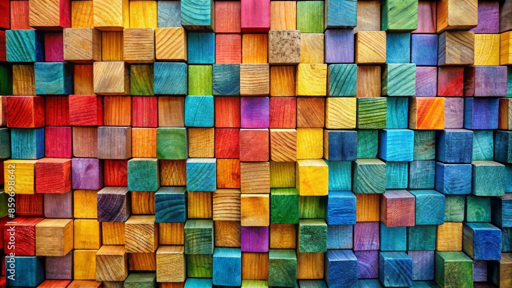 Fototapeta premium Colorful Wooden Blocks Wall - Abstract Geometric Pattern