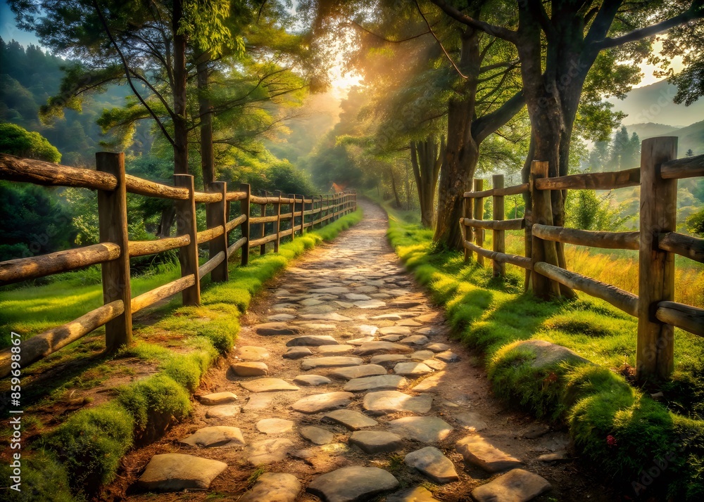 A Beautiful Stone Path Winds Through A Lush Green Forest, Sunlight Dappling The Ground. A Beautiful Stone Path Winds Through A Lush Green Forest, Sunlight Dappling The Ground.