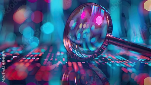 computer board seo magnifying glass. Selective focus