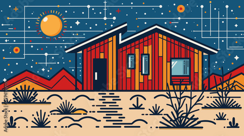 Modern desert house illustration with a night sky full of stars and geometric patterns, ideal for contemporary southwestern architecture and futuristic design themes