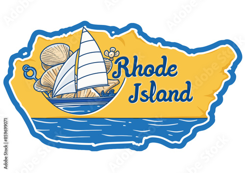 Rhode Island emblem featuring a sailboat and seashells on a yellow and blue background, ideal for coastal and nautical-themed designs with a vintage touch