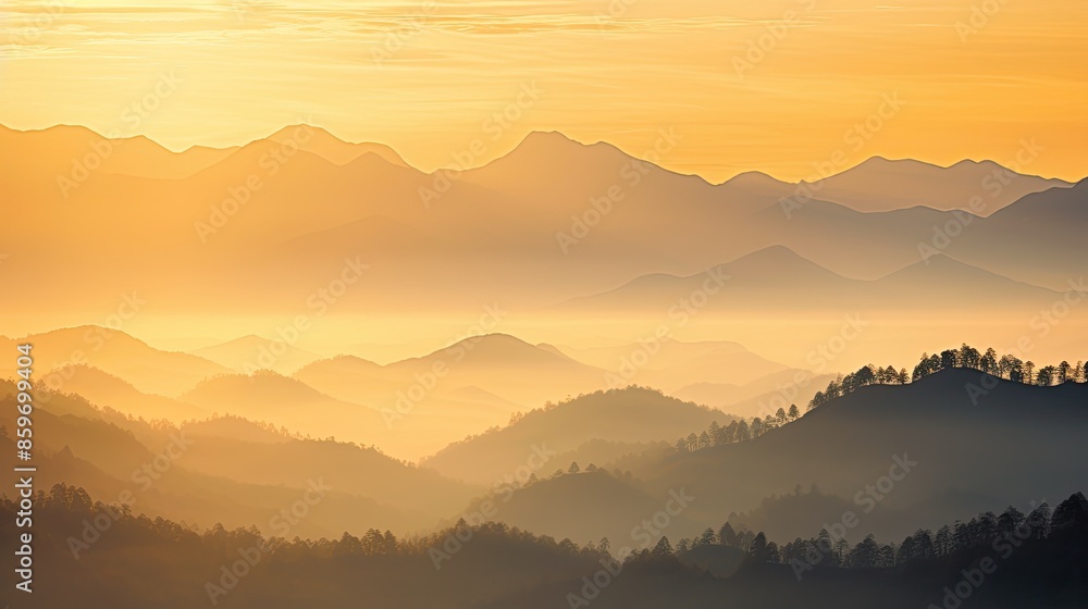 Sunrise over a serene mountain range, bathed in soft, golden light Sunrise over a serene mountain range, bathed in soft, golden light