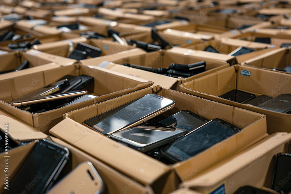 Fototapeta premium A stack of boxes with many used smartphones inside. The boxes are stacked on top of each other