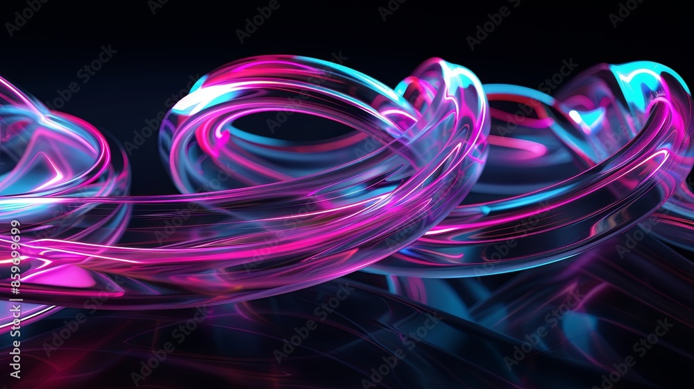 Digital rendering of bright neon swirls that twist and turn against a dark background, reminiscent of neon tubes Digital rendering of bright neon swirls that twist and turn against a dark background, reminiscent of neon tubes