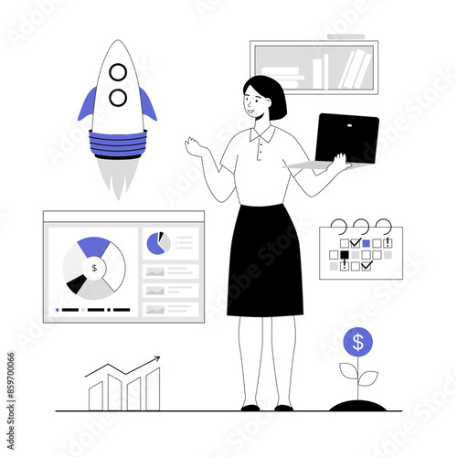 Startup business concept. Woman launching rocket, starting new company, work on laptop. Creative ideas. Vector illustration with line people for web design.