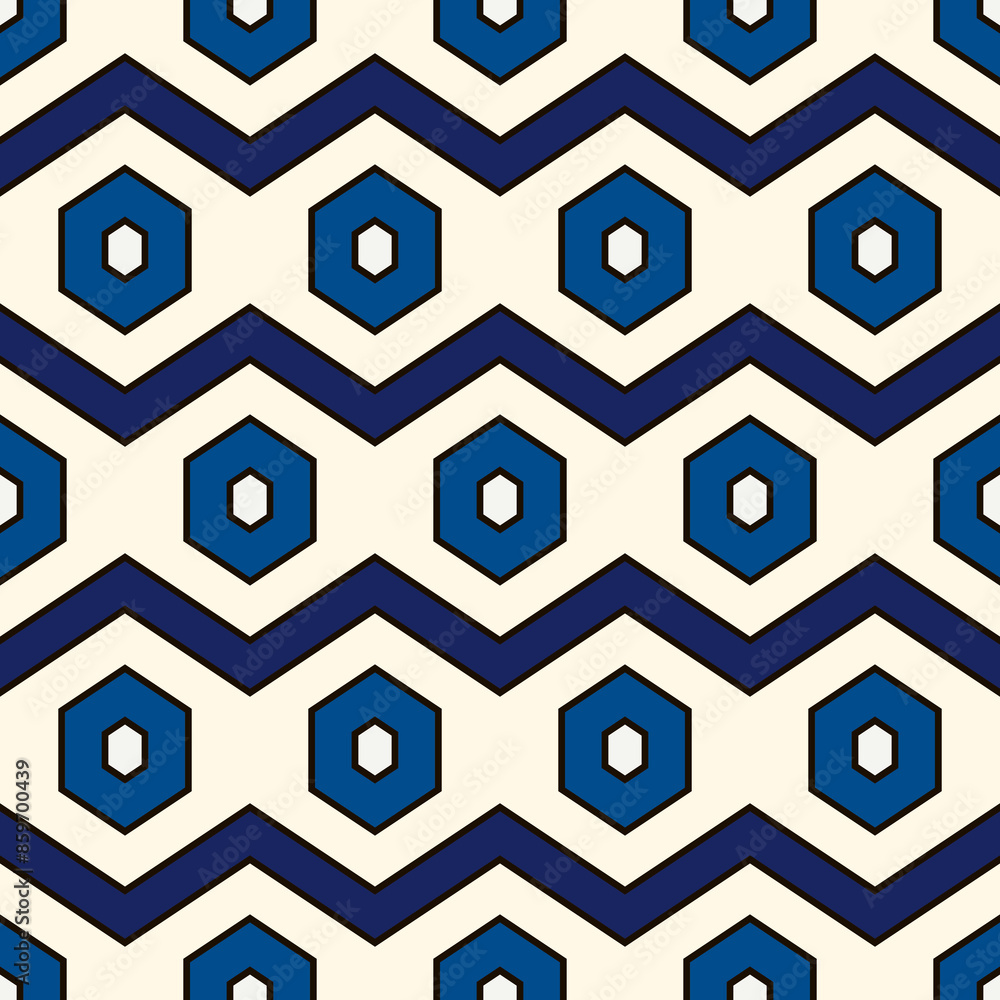 Zigzag seamless pattern. Hexagon mosaic tiles ornament. Ethnic surface print. Repeated geometric figures background. Ornamental wallpaper. Modern geo design digital paper. Vector abstract art Zigzag seamless pattern. Hexagon mosaic tiles ornament. Ethnic surface print. Repeated geometric figures background. Ornamental wallpaper. Modern geo design digital paper. Vector abstract art