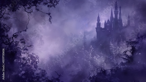 This image shows a mysterious dark castle enveloped in a purple mist, creating an eerie and enchanting atmosphere reminiscent of fantasy and Gothic themes. © Oskar