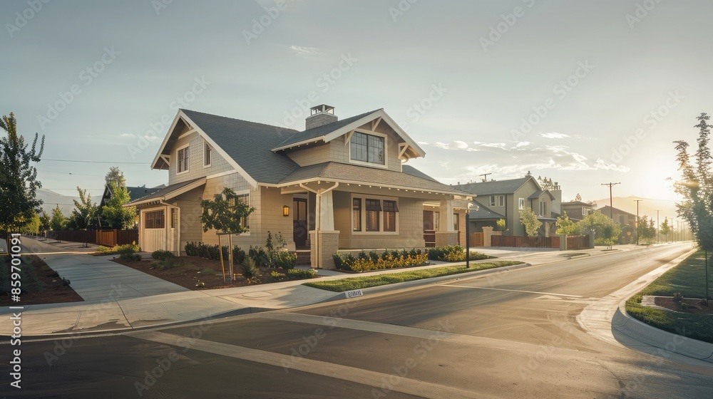 Early morning serenity envelops a Craftsman style house in sandy beige, with empty suburban streets surrounding it, all under the soft light of dawn. Early morning serenity envelops a Craftsman style house in sandy beige, with empty suburban streets surrounding it, all under the soft light of dawn.