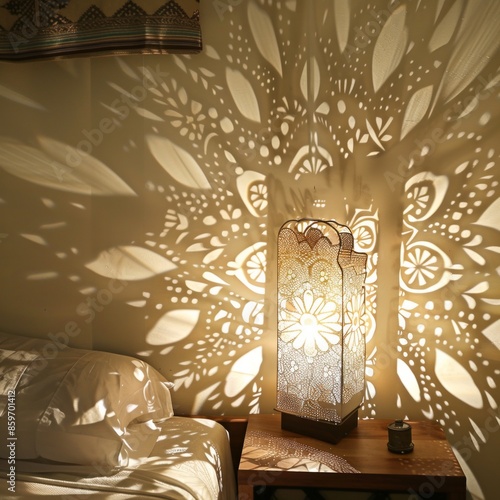 A lamp casts a shadow of a flower on the wall