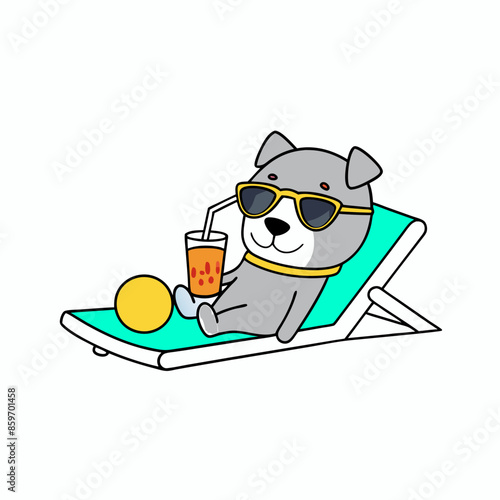 cute happy lazy an DOG  animal wearing sunglasses with a glass of fruit juice in his paw, lying on a sun lounger t-shirt design silhouette vector art illustration