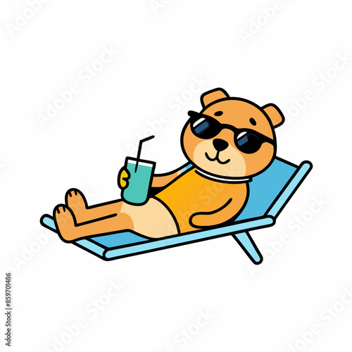 cute happy lazy an DOG  animal wearing sunglasses with a glass of fruit juice in his paw, lying on a sun lounger t-shirt design silhouette vector art illustration