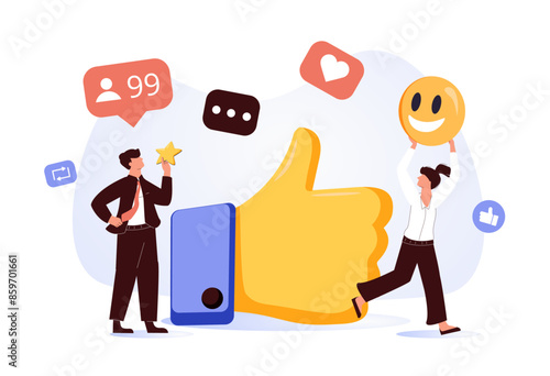 vector illustration on white background. best performance, score five points. people leave reviews and comments