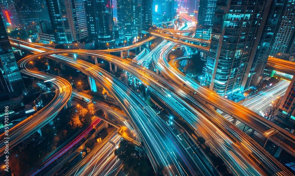 Highlight the complexity of urban motion with intersecting light trails forming intricate patterns against a city backdrop Highlight the complexity of urban motion with intersecting light trails forming intricate patterns against a city backdrop