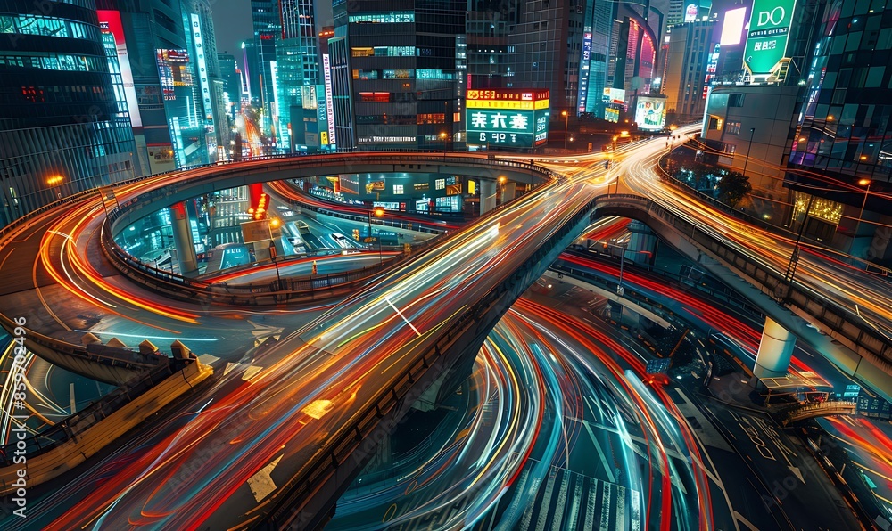 Highlight the complexity of urban motion with intersecting light trails forming intricate patterns against a city backdrop Highlight the complexity of urban motion with intersecting light trails forming intricate patterns against a city backdrop