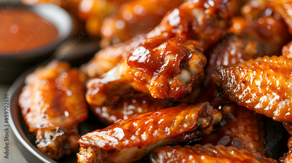 A close-up shot of chicken wings being dipped in sauce, highlighting the crispy texture and savory flavors A close-up shot of chicken wings being dipped in sauce, highlighting the crispy texture and savory flavors