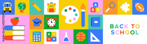 Colorful back to school geometric mosaic web banner. Modern flat education cartoon icon background, fun study concept illustration. Children stationery template, college subject symbol design.