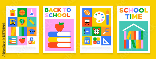 Colorful back to school geometric mosaic banner set. Modern flat education cartoon icon background, fun study concept illustration. Children stationery template, college subject symbol collection.