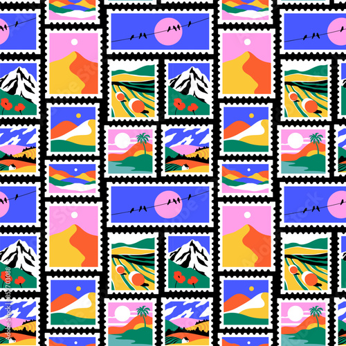 Retro nature landscape post card stamp seamless pattern. Vintage style natural environment scenery postage sticker background, travel destination mail, beautiful tourism scenery wallpaper print. 