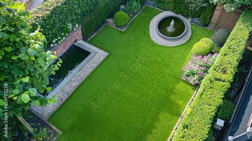 Overhead shot of a suburban backyard garden featuring an artificial grass lawn, a small pond with a fountain, and bordered by low hedges and flowering plants, ideal for relaxation and entertainment.