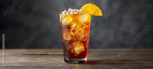 Food photography of Fresh Cocktail Long Island Iced Tea with dark background side view texture. Long Island Iced Tea Cocktail in restaurant postcard image texture banner postcard horizontal.