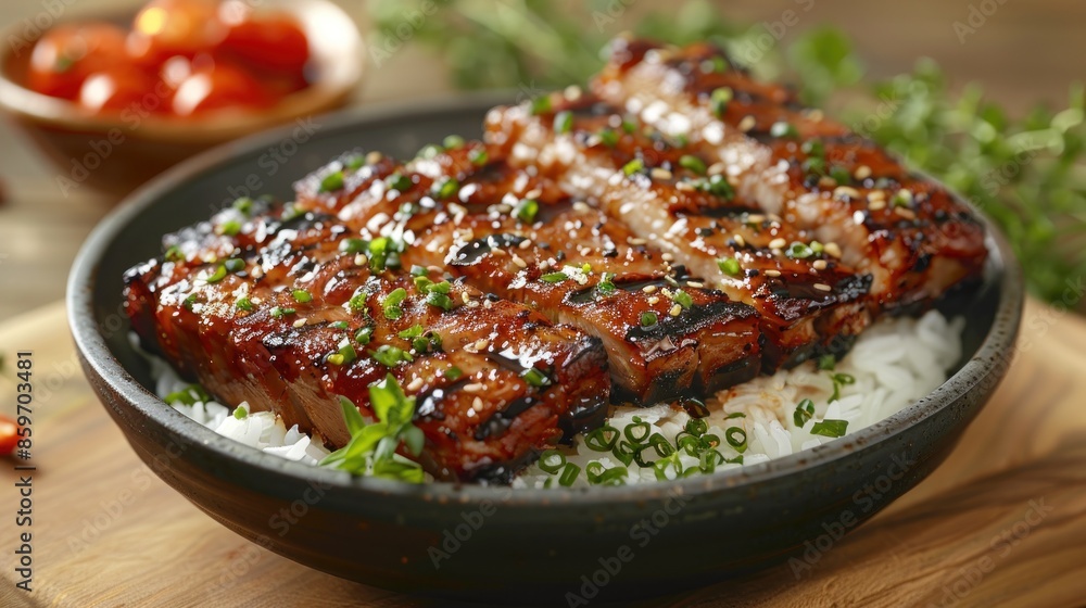 Delicious Glazed Pork Ribs with Rice and Green Onions Delicious Glazed Pork Ribs with Rice and Green Onions