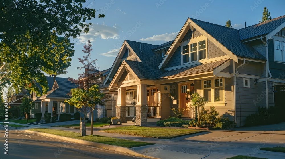 Soft dawn light reflecting off a Craftsman style house in a quiet suburban neighborhood, the streets empty, enhancing the peaceful morning scene. Soft dawn light reflecting off a Craftsman style house in a quiet suburban neighborhood, the streets empty, enhancing the peaceful morning scene.