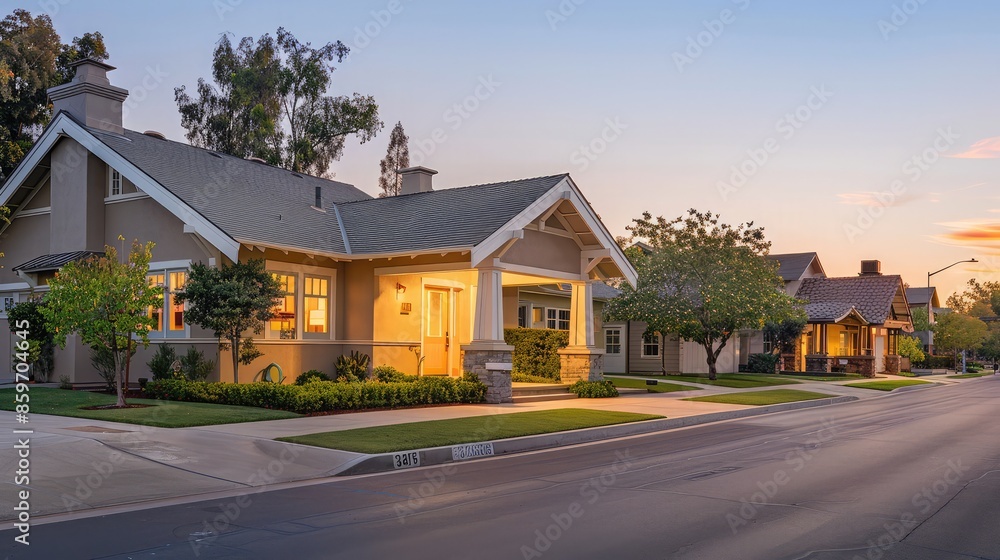 The calm of early morning in a suburban setting, with a sandy beige Craftsman style house highlighted by the soft light of dawn, streets empty and peaceful. The calm of early morning in a suburban setting, with a sandy beige Craftsman style house highlighted by the soft light of dawn, streets empty and peaceful.