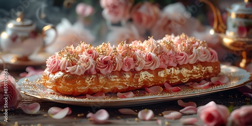 Rose-flavored eclair with gold leaf and rose petals on an elegant tea table
