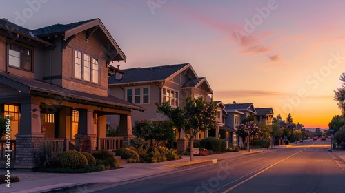 The calm of dawn over a Craftsman style house in sandy beige, suburban streets running parallel, suburban silence profound, all under the gentle morning light.