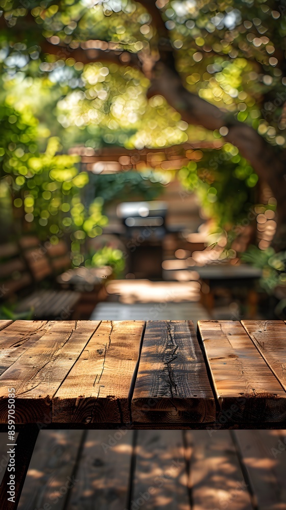 Empty wooden table and blurred bbq in the backyard background, for product display montage Empty wooden table and blurred bbq in the backyard background, for product display montage