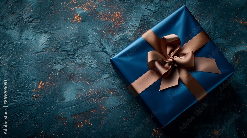 Dark blue gift box with satin ribbon on dark background Dark blue gift box with satin ribbon on dark background