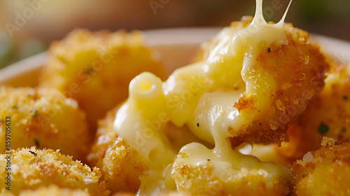 A close-up shot of mac and cheese bites being dipped in sauce, highlighting the crispy texture and cheesy filling