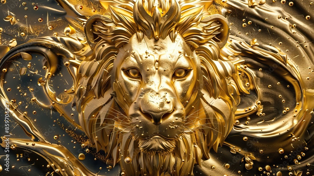 Lion 3D relief in golden splashes wallpaper. Golden lion head background mural. High quality AI generated image Lion 3D relief in golden splashes wallpaper. Golden lion head background mural. High quality AI generated image