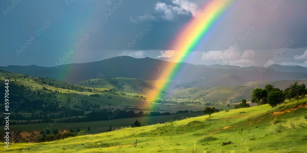 Obraz premium A rainbow over a serene landscape.