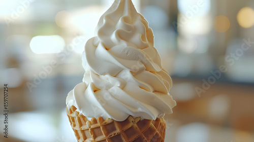 A close-up shot of soft serve ice cream being served, highlighting the creamy swirl and crispy cone