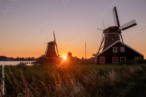 dutch windmills at sunset
