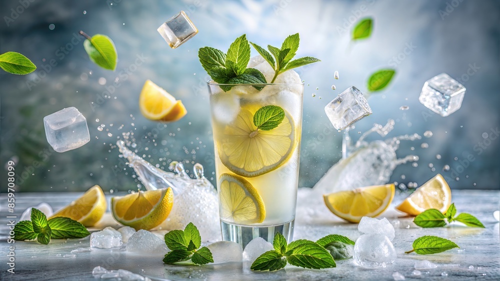 Fototapeta premium Refreshing Lemon Mint Cocktail with Ice, Mint Leaves, and Lemon Slices in a Highball Glass