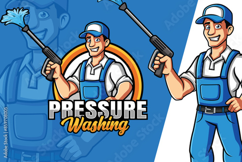 Car Washing Worker Cartoon holding Pressure Washing Gun Mascot Logo for Your Business