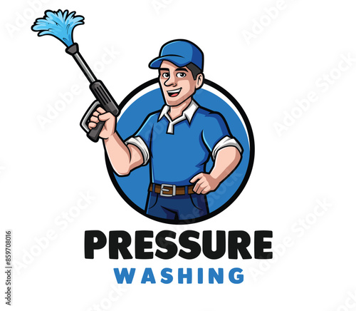 Pressure Washer Man Cartoon Mascot Logo Design for Your Company