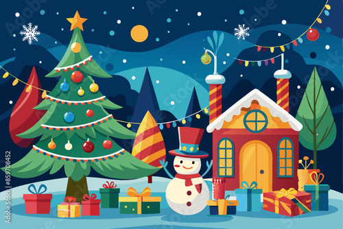 Festive Christmas scene with decorated tree snowman and gifts. Concept of holiday celebration winter wonderland joyful season. Print, design, illustration, graphic.