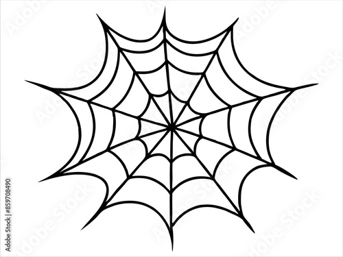 Black silhouette of a spider web isolated on a white background. Concept of Halloween, cobweb, arachnid, minimalist style, spooky design. Print, icon, illustration element. Art