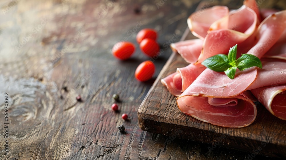 Delicious Ham Slices on Table with Copy Space Background Delicious Ham Slices on Table with Copy Space Background