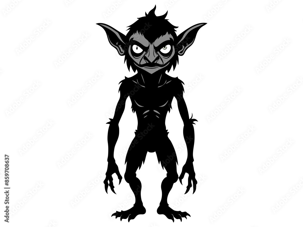 Black silhouette of a goblin isolated on a white background. Concept of Halloween, mythical creature, troll, fantasy character, eerie illustration, design art. Black silhouette of a goblin isolated on a white background. Concept of Halloween, mythical creature, troll, fantasy character, eerie illustration, design art.